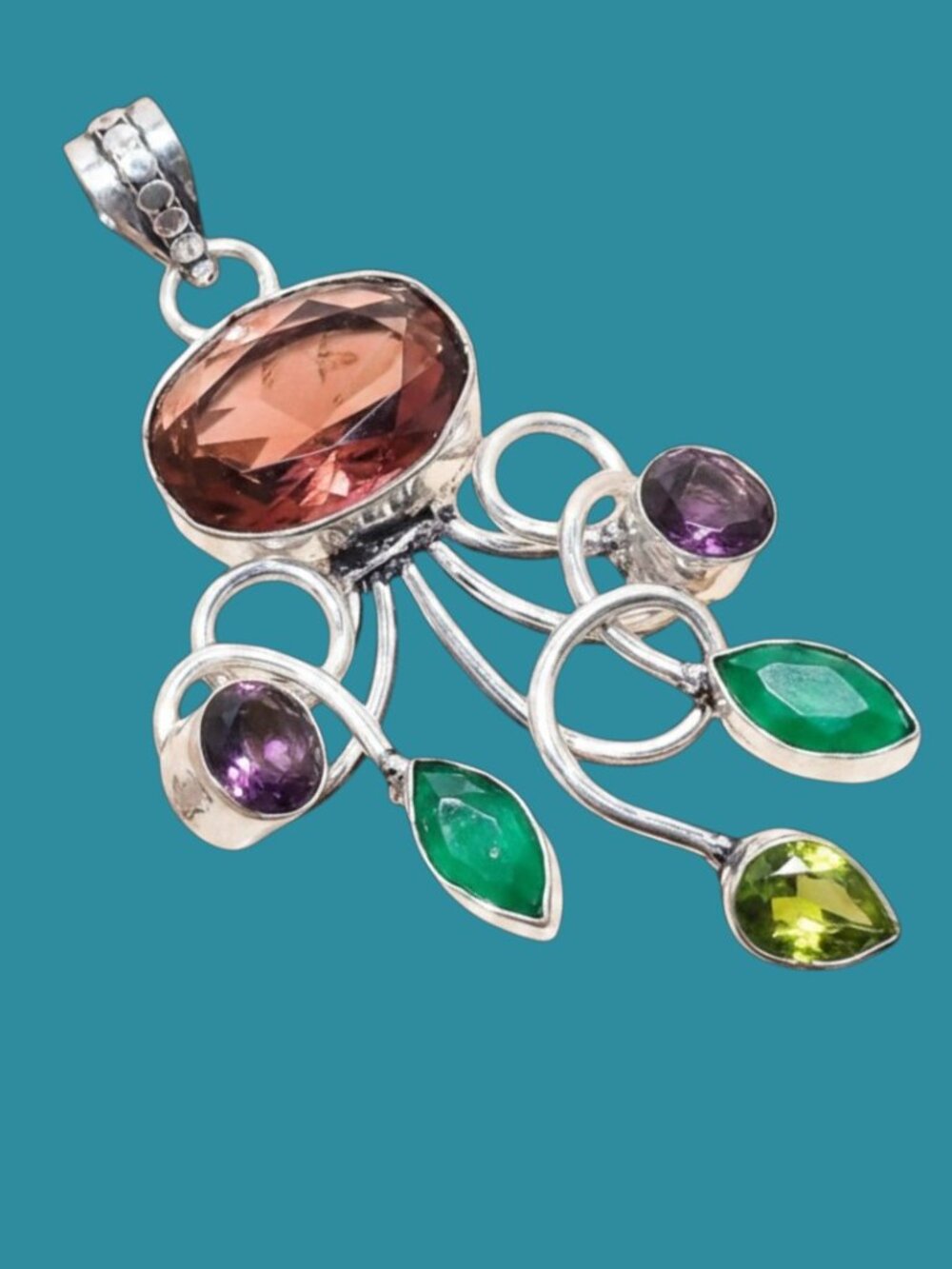 "PRICE DROP" 2.56" Silver Plated Amethyst, Peridot Handmade Branch Necklace